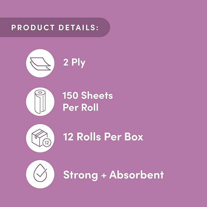 Amazon Aware Bamboo Paper Towels, 12 Rolls, 2 ply, FSC Certified, 150 Sheets, 1800 Count, Pack of 12, Plastic-Free, White