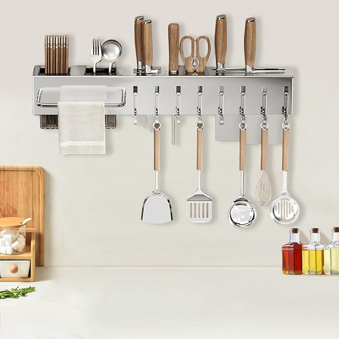 Wall Hanger Rail – Adhesive Mount, Kitchen Strip | Metal Track Support, Drilling-Free Fixture, 10-Hook Layout for Compact Organization Projects, Apartment Arrangement, Dorm Pantry Renovation, Morning