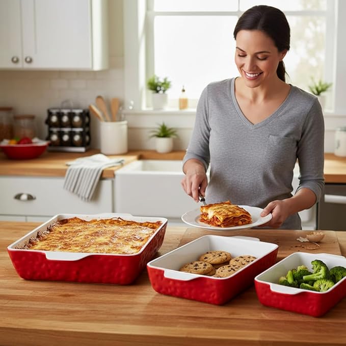 NutriChef 3-Piece Ceramic Casserole Dish for Oven - Premium Lasagna Baking Pans w/ Nonstick Coating & Built-In Handles - Dishwasher & Microwave Safe - 14" x 8", 10" x 6", 7" x 5" - Red