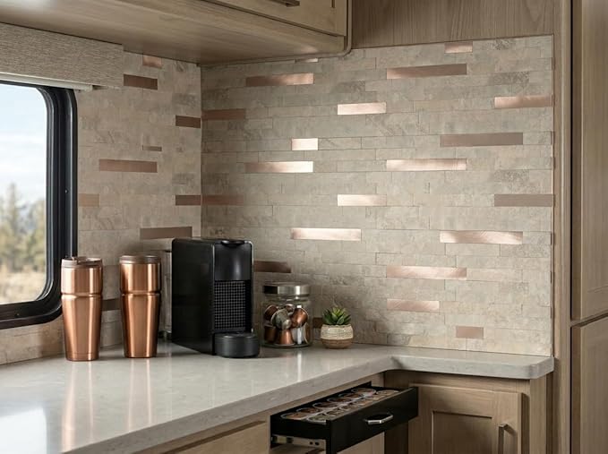 Yipscazo 20 Sheets Peel and Stick Stone Metal Tile Backsplash, Stick on Tiles for Backsplash Kitchen, Bathroom, Laundry Room, Camper, Fireplace (12'' X 12'', Beige Stone with Gold Metal)
