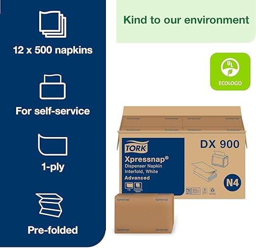 Tork Xpressnap White Dispenser Napkins N4 Advanced Interfold, 1-Ply - 12 x 500 Napkins (DX900) + Tork Advanced Facial Tissue F1, White, Gentle 2-Ply - 30 x 100 Tissues- Napkin and Facial Tissue Bundle