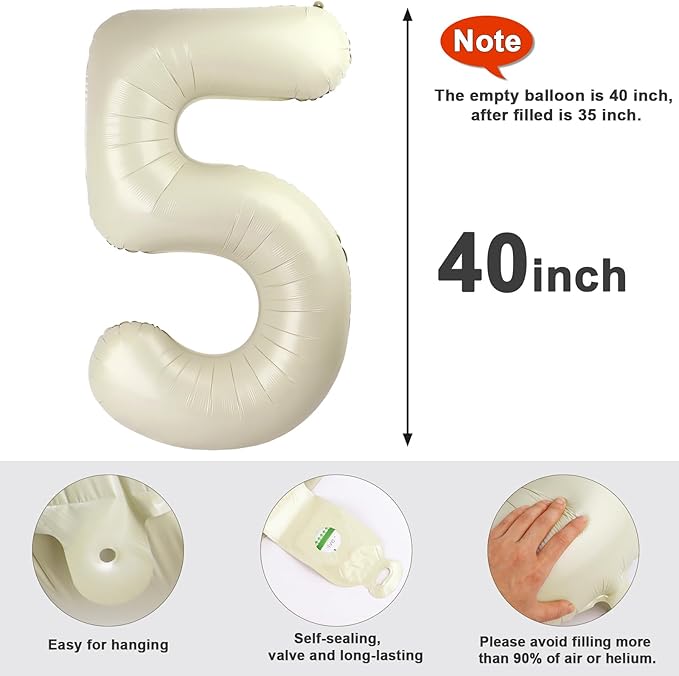 Balloon Numbers 40 Inch 5 Ballon for 5th Birthday Decorations, 15 25 35 50 Big Cream White Number Balloons for Wedding Photo Shoot Party Decor
