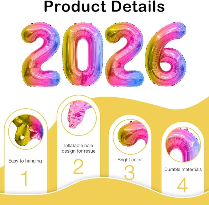 2026 Balloons, 2026 Number Balloons, 2026 Gradient Balloon, Foil Happy New Year Balloon for New Year Eve Party Supplies Graduation Decorations Anniversary Birthday Home Office Decorations, 16 Inch