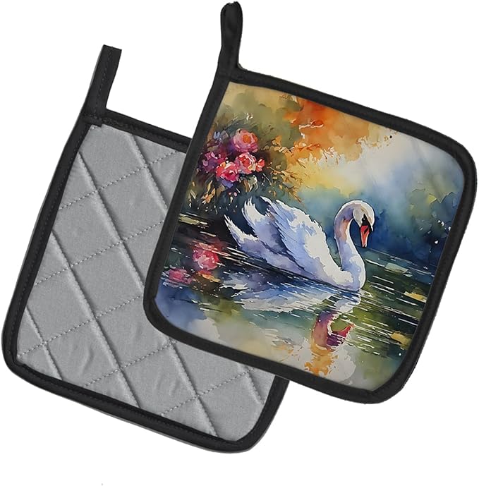 Caroline's Treasures Swan Pair of Pot Holders Kitchen Heat Resistant Pot Holders Sets Oven Hot Pads for Cooking Baking BBQ, 7 1/2 x 7 1/2