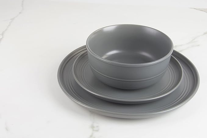 Double Line 10.5" Dinner Plate, Set of 6, Matte Gray