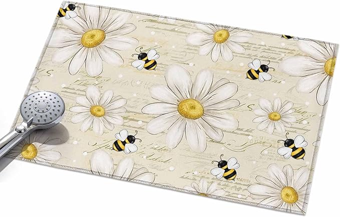 Area Rug 2x3ft, Retro Watercolor White Floral Bee Washable Rugs for Living Room Bedroom, Summer Daisy Letter Texture Soft Non-Slip Area Rugs Rectangle Floor Carpet for Dining Room