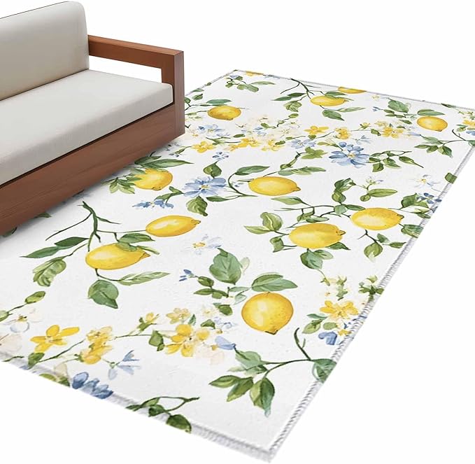 Area Rug 4x6ft, Summer Watercolor Lemon Flower Washable Rugs for Living Room Bedroom, Spring Farm Fruit Green Leaf Soft Non-Slip Area Rugs Rectangle Floor Carpet for Dining Room