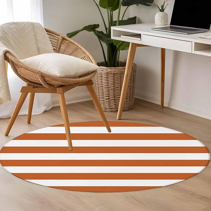 Washable Round Area Rug Farmhouse Classic Stripes Circle Rugs Floor Carpet for Living Room Bedroom, Orange White Soft Non Slip Round Rug 4ft