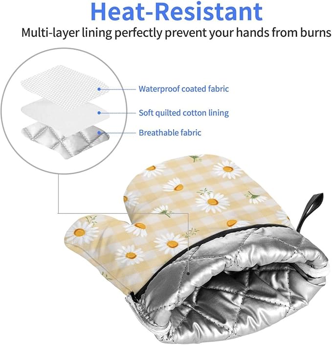 Daisy Flower Oven Mitts of 2 Pack, Funny Kitchen Gloves Heat Resistant Non-Slip Kitchen Mitts for Cooking Baking Grilling