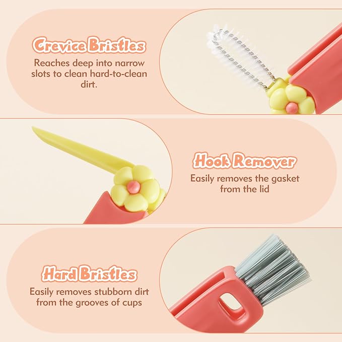 3-in-1 Cup Lid Cleaning Brush–Multi-Functional Bottle & Straw Cleaner with Scraper, Crevice & Angled Brush – Deep Clean Coffee Mugs, Water Bottles, Tumblers & More – Durable, Heat-Resistant PP