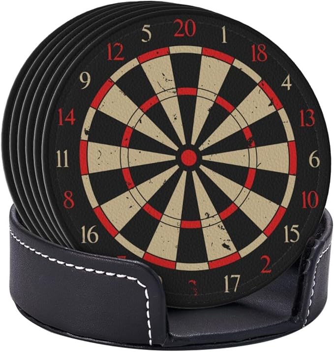 Dart Doard Leather Drinks Coasters with Holder, Set of 6, Suitable for Various Cups