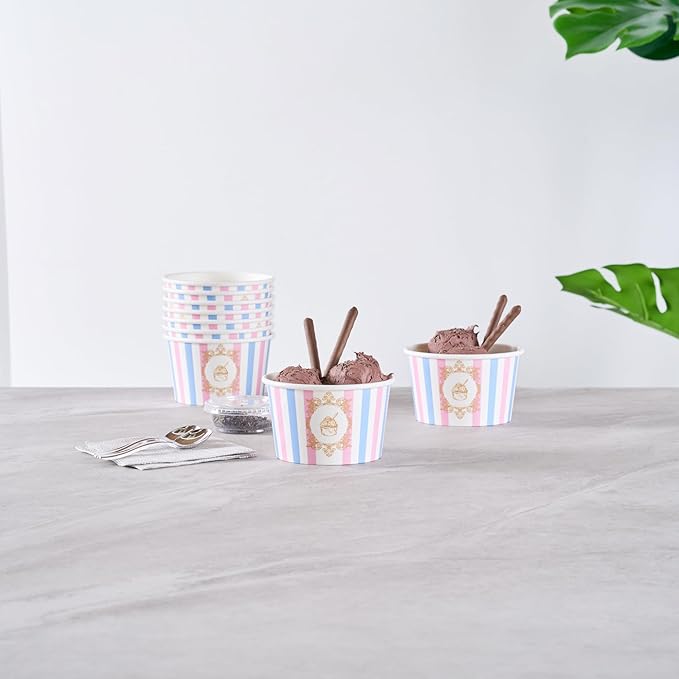 Coppetta 8 Ounce Dessert Cups, 50 Greaseproof Ice Cream Cups - Lids Sold Separately, For Hot And Cold Foods, Pink And Blue Stripe Paper Yogurt Bowls, Disposable, Sturdy - Restaurantware