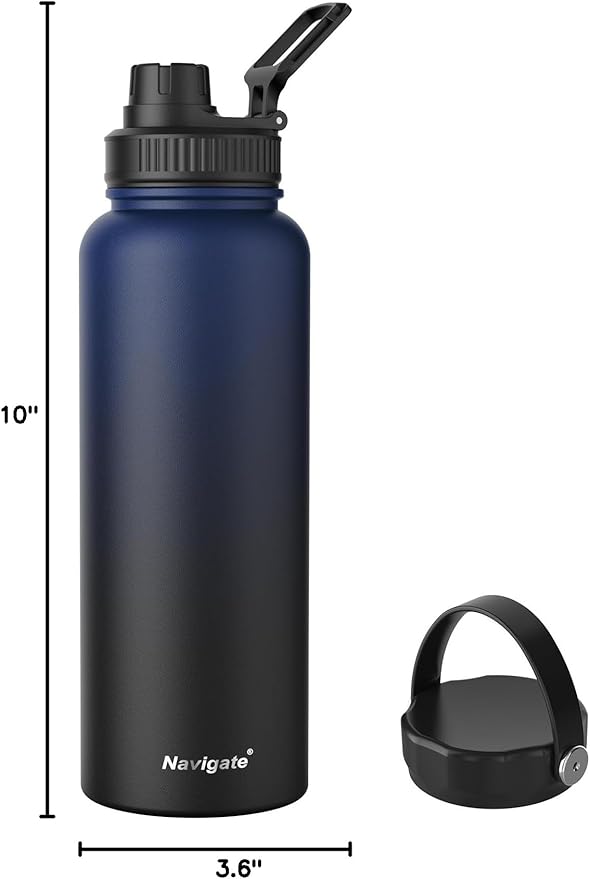 Navigate 40 oz Insulated Stainless Steel Sports Water Bottle with Spout & Handle Lids,Wide Mouth Water Jug with Double Walled Leak Proof Keep Cold for 24 Hrs Hot for 12 Hrs,Blue to Black