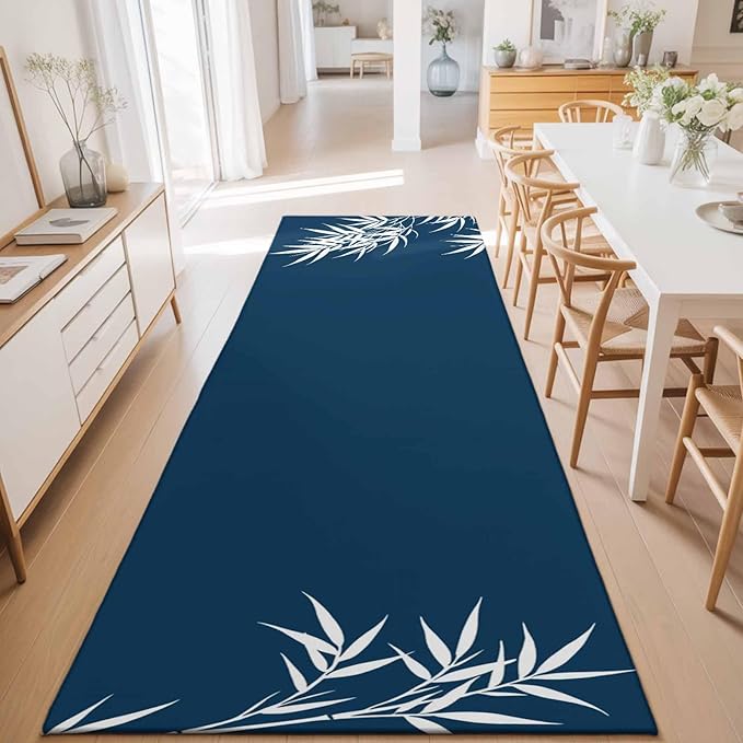 Runner Rug for Bedroom Hallway, Country Leaf on Dark Blue Kitchen Runner Rugs Area Rug 2x6ft, Botanical Silhouette Minimalist Style Washable Soft Floor Carpet for Entryway Stair