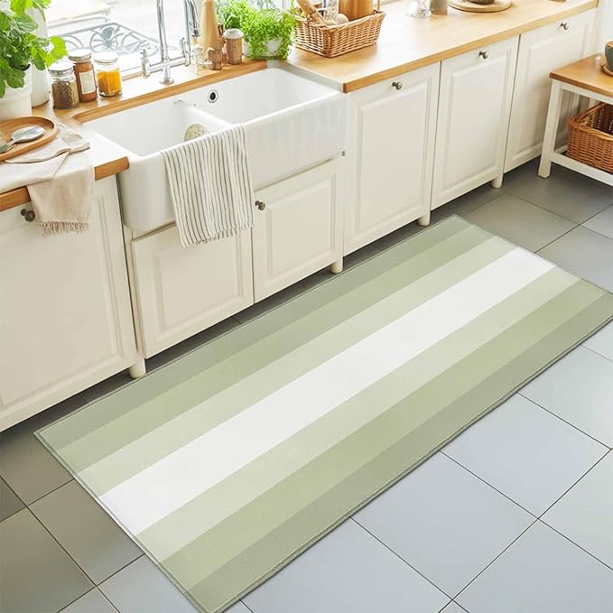 Runner Rug for Bedroom Hallway, Modern Sage Green Gradient Style Kitchen Runner Rugs Area Rug 2x6ft, Farmhouse Ombre Stripe Washable Soft Floor Carpet for Entryway Stair