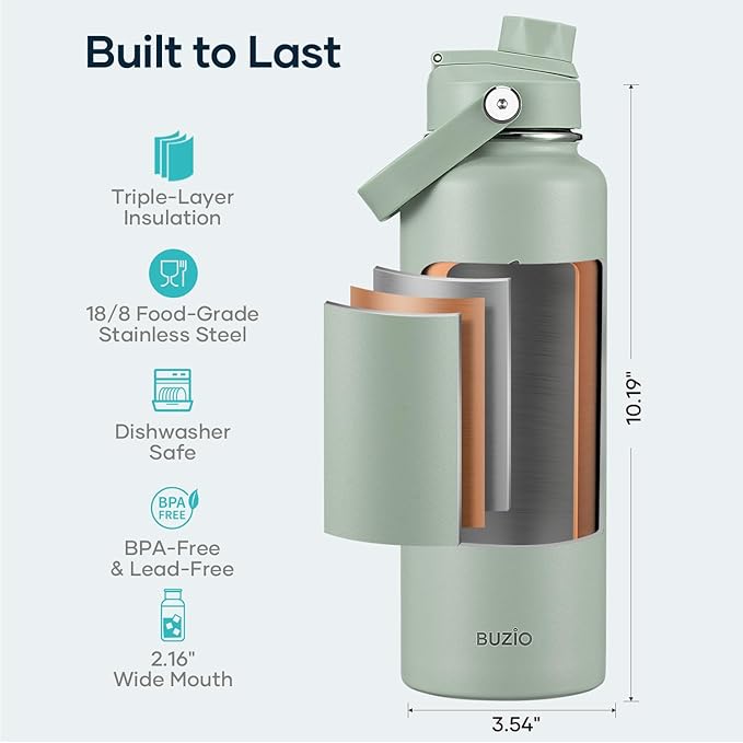 BUZIO 40 oz Water Bottle Insulated, Triple Wall Vacuum Stainless Steel Flask (Cold for 48 Hrs), Leakproof BPA-Free Wide Mouth Metal Jug Hydro Canteen with 2 Lids, Sage Green