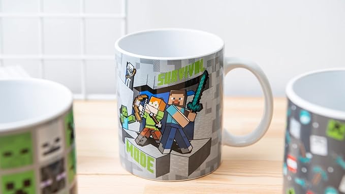 Zak Designs Minecraft Mug Unique Ceramic Coffee Cup Set, Can Coffee Mugs with Comfortable Handle for Gamer Gifts, Dishwasher and Microwave Safe (11.5 oz, 4-Piece Set)
