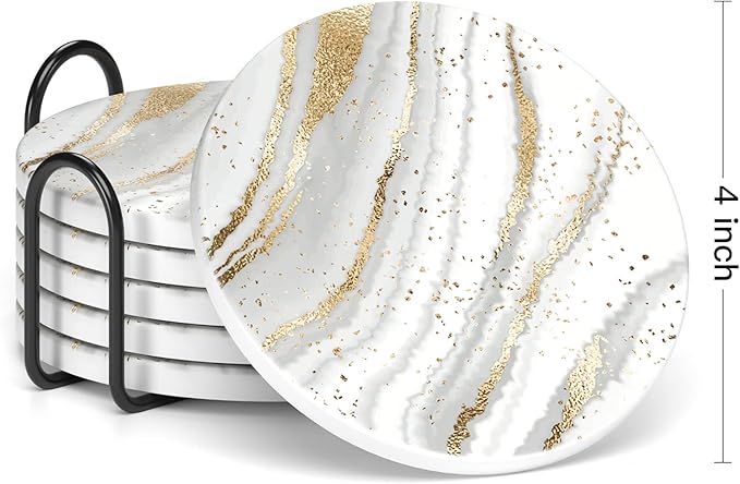 Nipichsha Coasters for Drinks, Set of 6 Cute Absorbent Ceramic Drink Coasters for Cup with Holder and Cork Base, Kitchen Home Decor Housewarming Gift, Round 4 in, Gold White