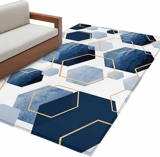 Area Rug 3x5ft, Watercolor Blue Hexagon Washable Rugs for Living Room Bedroom, Abstract Geometric Art Soft Non-Slip Area Rugs Rectangle Floor Carpet for Dining Room