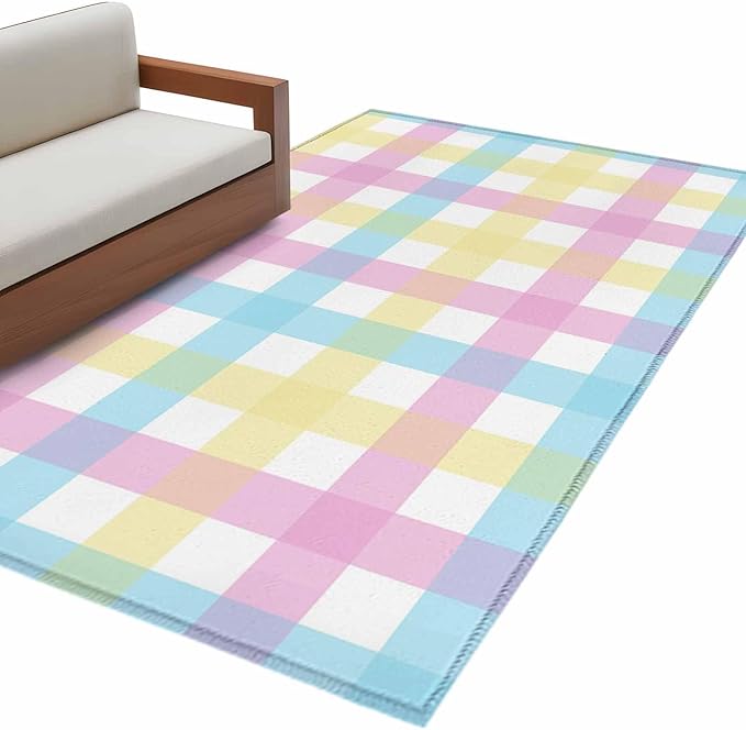 Area Rug 3x5ft, Spring Easter Colorful Lattice Washable Rugs for Living Room Bedroom, Minimalist Buffalo Checker Soft Non-Slip Area Rugs Rectangle Floor Carpet for Dining Room