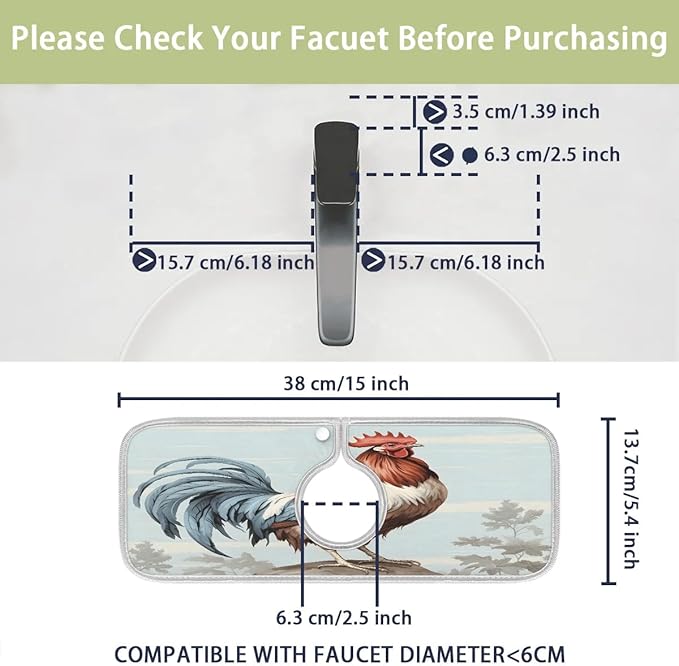 Animal Rooster Sink Mat for Kitchen Faucet Absorbent Microfiber Faucet Mat Washable Sink Water Splash Guard Drip Catcher for Faucet