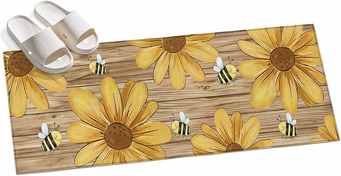 Runner Rug for Bedroom Hallway, Summer Yellow Bee Blossom Flower Kitchen Runner Rugs Area Rug 2x6ft, Retro Rustic Brown Wood Board Washable Soft Floor Carpet for Entryway Stair