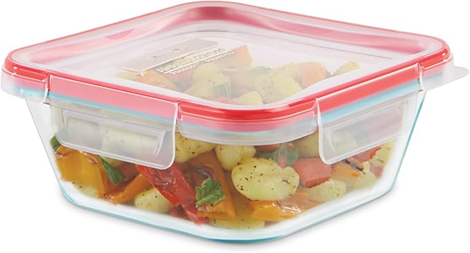 Pyrex Freshlock Glass Food Storage Container, Airtight & Leakproof Plastic Locking Lids, Freezer Dishwasher Microwave Safe, 4 Cup (Square)