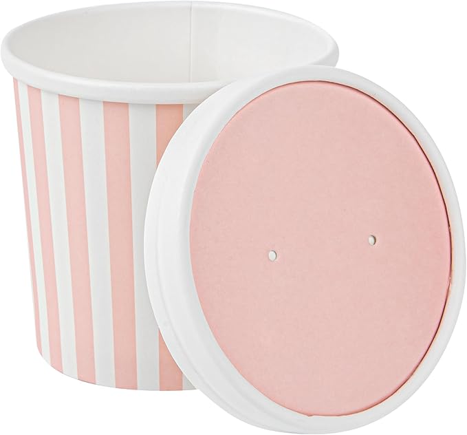 Restaurantware-LIDS ONLY: Soup Container Lids, 200 Disposable Bowl Covers For 12 Ounce Soup Containers - Containers Sold Separately, Vented, Pink And White Container Lid, Striped, Round,