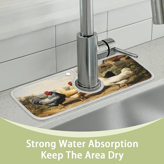 Courtyard Animal Rooster Kitchen Sink Splash Guard Absorbent Fast Drying Mat Sink Gadgets Washable Sink Matt for Kitchen Faucet Splash Guard