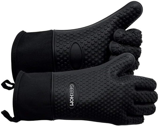 GEEKHOM BBQ Gloves Heat Resistant, 13.7 Inch Long Waterproof Silicone Oven Mitts for Grilling and Smoker, Non-Slip 5 Finger Kitchen Hot Mitts for Baking, Cooking & Cast Iron, Black