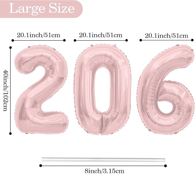 Rose Gold 2026 Balloons, 2026 Number Balloons, 40 Inch Large Foil Graduation Balloon 2026 Numbers for Graduation Decorations Class of 2026, Birthday, Anniversary, New Year Eve Party Decorations