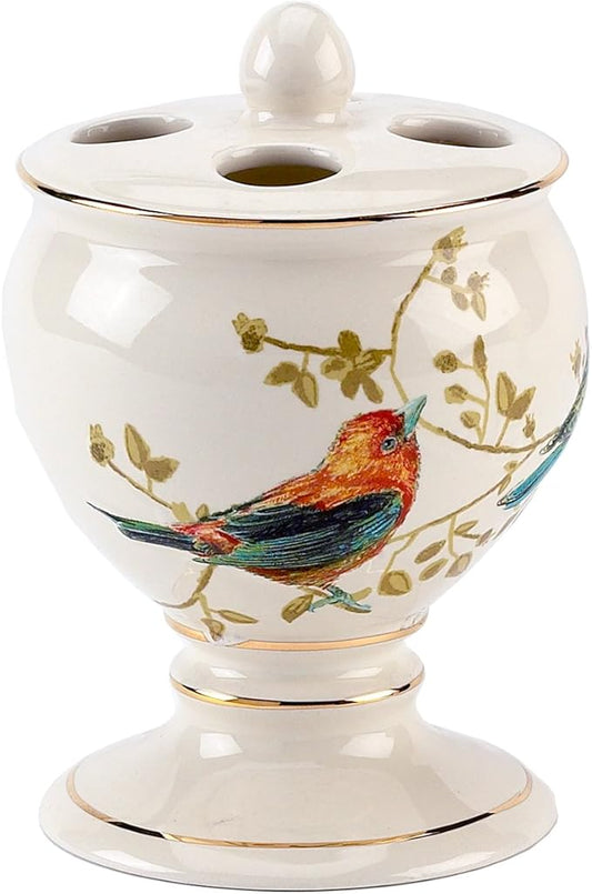Avanti Linens - Toothbrush Holder, Ceramic Bathroom Accessories, Nature Inspired Home Decor (Gilded Birds Collection)