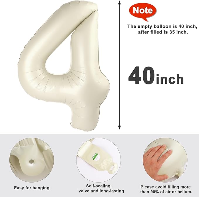 4 Balloon Numbers Birthday Decorations for Women Men, Number Balloons 40 In, Cream Birthday Party Decorations Big Balloons for 14 24 34 Wedding, Celebration Party, Graduations