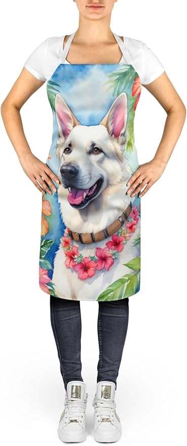 Caroline's Treasures White German Shepherd Luau Apron Cooking Kitchen Server Baking Crafts Gardening for Adult Women Men, Unisex, Large, Multicolor