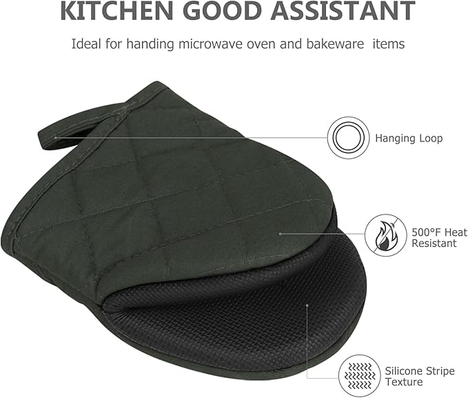 Short Oven Mitts, Heat Resistant 500°F, Silicone Grip Kitchen Gloves, Non-Slip for Baking, Grilling, BBQ, Machine Washable with Hanging Loop, 2-Pack Set, Black