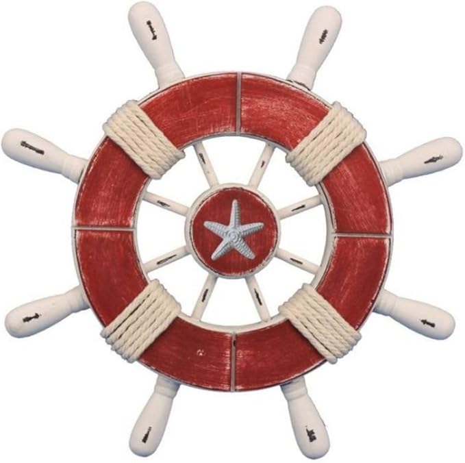 Hampton Nautical Wheel-9-110-starfish Rustic Decorative Ship Wheel with Starfish, 9", Red/White