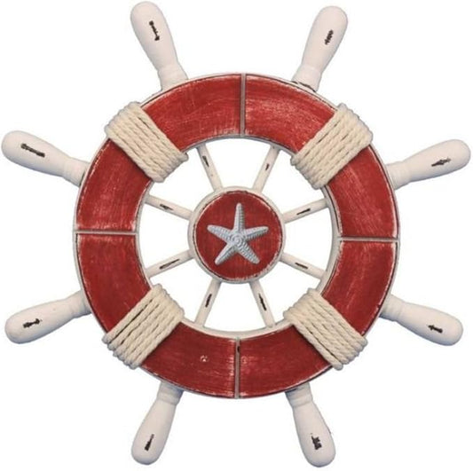 Hampton Nautical Wheel-9-110-starfish Rustic Decorative Ship Wheel with Starfish, 9", Red/White
