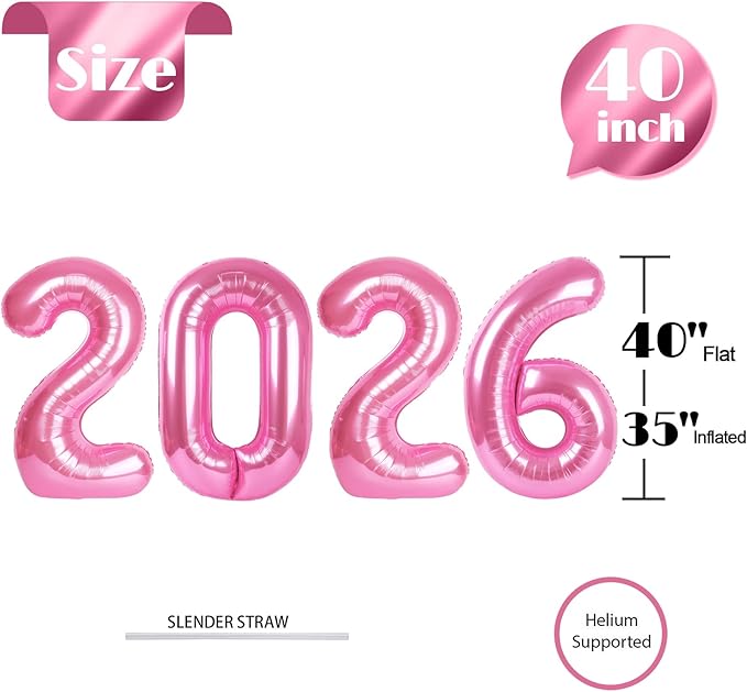 2026 Balloon Numbers - 40 Inch Pink New Years Eve Party Supplies 2026, Nye Decor Party Decorations Happy New Year, New Years Eve Foil Party Balloons, Graduation Party Decorations