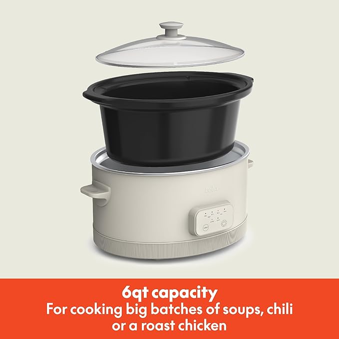 bella 6.0 Qt Programmable Slow Cooker, Ceramic Nonstick Coating, Adjustable Temperature & Cooking Times, Dishwasher Safe Stoneware Pot & Tempered Glass Lid, Tangle Free Cord Wrap, Oatmilk