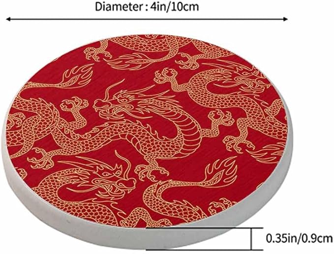 Dragon Ceramic Coasters Chinese Dragons Fighting Gold Outlines on Red Absorbent Drink Coasters Round Ceramic Table Coasters Set Decorative Coffee Cup Beverage Coasters Wine Beer Bar Coasters 2 Pack