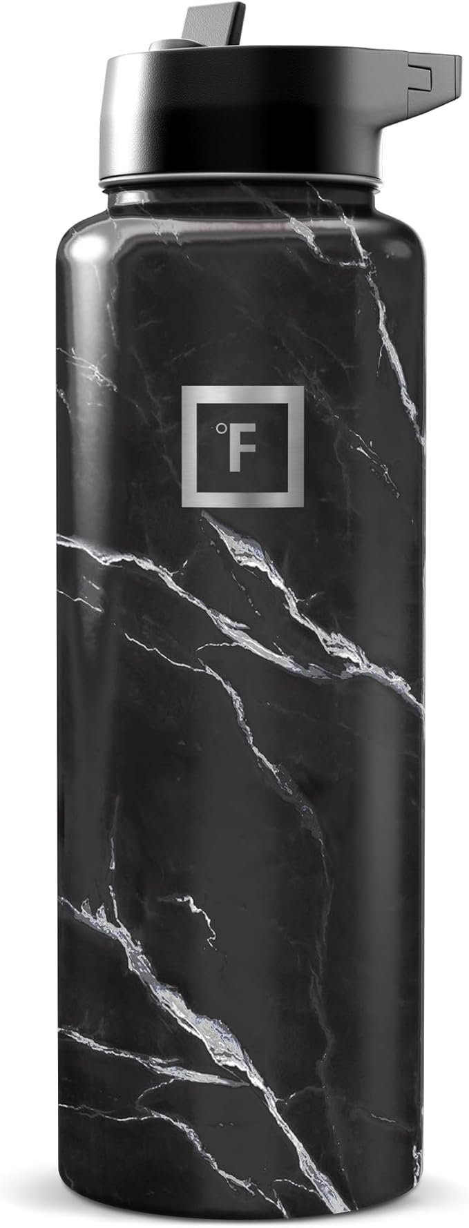 IRON °FLASK Camping & Hiking Hydration Flask with Straw, Wide Mouth Insulated Stainless Steel Sports Water Bottle - Black Marquina 40 oz - Straw (1 Lid)