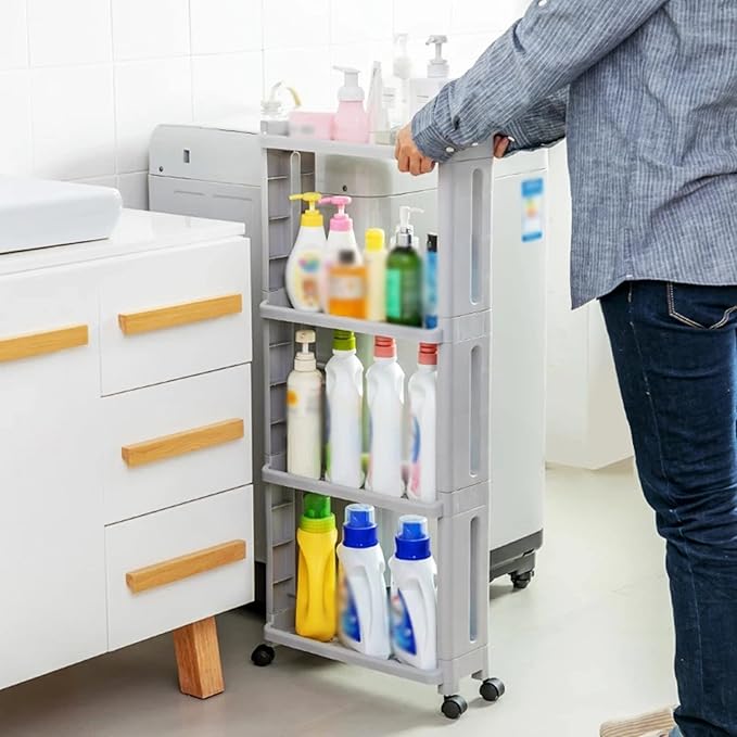 Kitchen Storage Rack Kitchen Storage Rack with Wheels 2/3/4 Layers Narrow Slotted Shelf Fridge Side Shelf Rotatable Kitchen Bathroom Organizer Storage Shelves (Color : 1) (1)