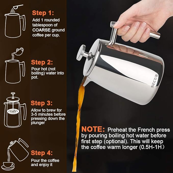Secura French Press Coffee Maker, 17-Ounce, 304 Stainless Steel Insulated Coffee Press with Extra Screen