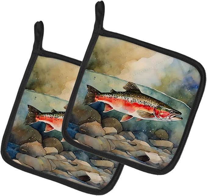 Caroline's Treasures Trout Pair of Pot Holders Kitchen Heat Resistant Pot Holders Sets Oven Hot Pads for Cooking Baking BBQ, 7 1/2 x 7 1/2