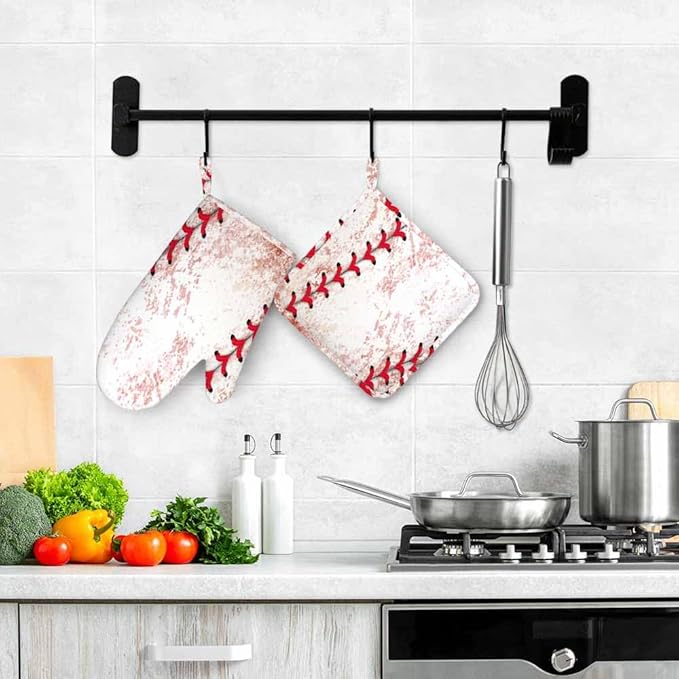 Mxocom Baseball Background Silicone Oven Mitts and Pot Holders Sets BBQ Gloves for Kitchen,Cooking,Baking,Grilling