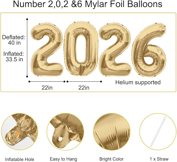 2026 Balloons Mute Gold 2026 Number Balloons New Year Decorations 2026 Numbers 40 Inch Large 2026 Mylar Foil Balloons for 2026 New Years Eve Party Supplies Graduation Christmas Birthday Anniversary
