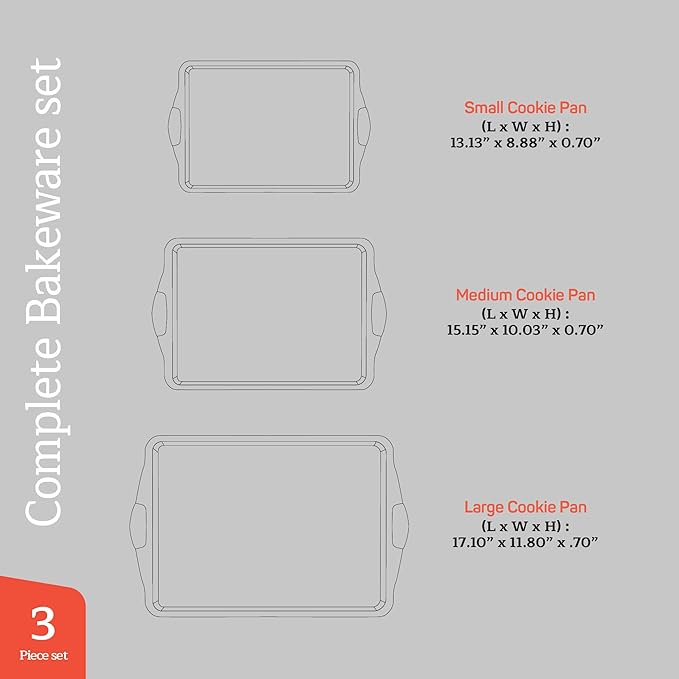 Emporio Kitchen Baking Pan Set - Nonstick Coating, Carbon Steel Bakeware Set with White Silicone Handle, PFOA, PFOS, PTFE Free, Recipe Booklet Included, Oven Safe Tray (Up To 450° F), Set of 3 - White