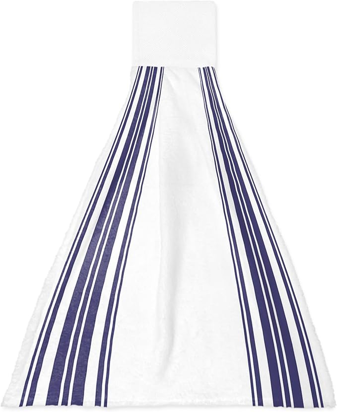 Alandar Home Kitchen Tie Towel Set of 1, Navy Blue Vertical Stripes Absorbent Soft Hand Towels for Bathroom Hanging Towels, Nautical Lines Art Fast Drying Cleaning Cloth with Loop