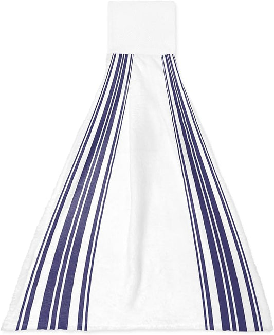 Alandar Home Kitchen Tie Towel Set of 1, Navy Blue Vertical Stripes Absorbent Soft Hand Towels for Bathroom Hanging Towels, Nautical Lines Art Fast Drying Cleaning Cloth with Loop