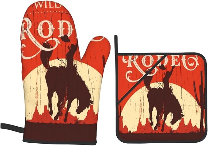 Oven Mitts and Pot Holders Sets of 4,Cowboy Horse Sunset Saguaro Desert Wild West Rodeo Vintage Wooden Sign Print,Oven Mitts Heat Resistant Oven Gloves Set Potholders for Kitchen Baking Grilling